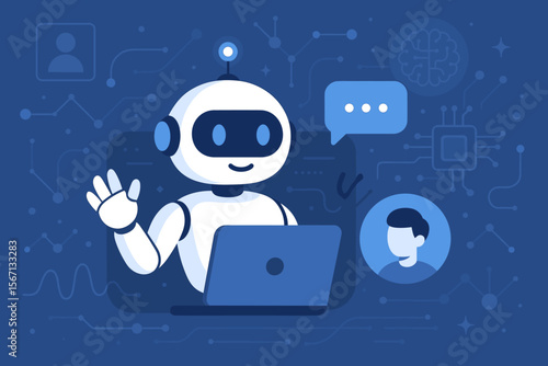 Artificial intelligence concept with a friendly robot chatbot using a laptop. AI technology for online customer support, virtual assistance. Futuristic tech background with network icons.