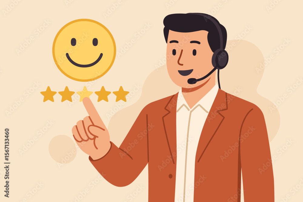 Customer service and satisfaction concept. Businessman touches a virtual screen to give a five-star rating. Positive feedback and excellent review with a happy smiley face icon. Customer service and satisfaction concept. Businessman touches a virtual screen to give a five-star rating. Positive feedback and excellent review with a happy smiley face icon.