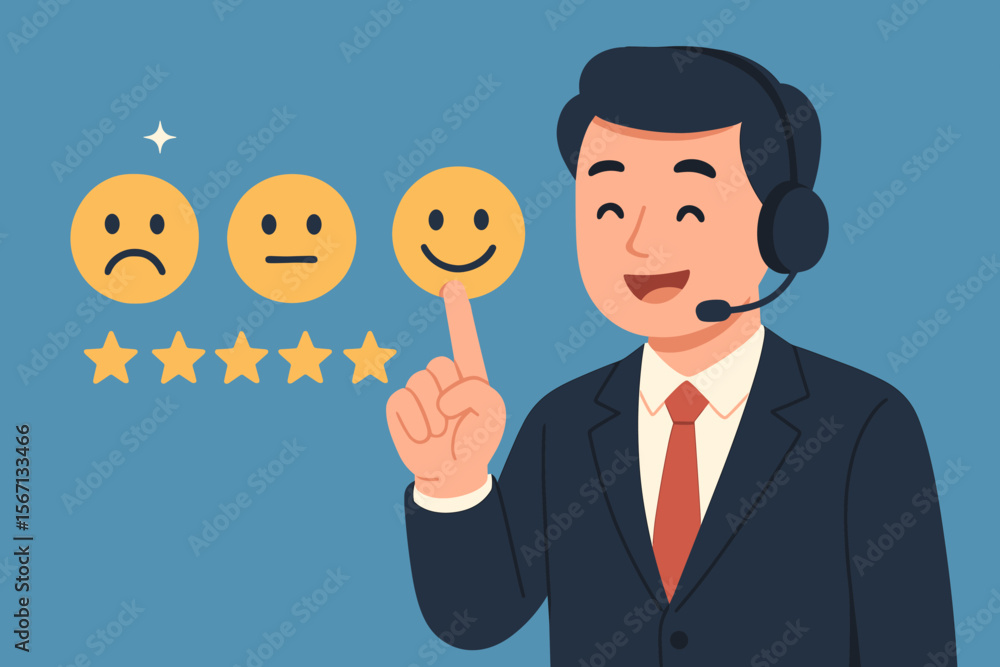Customer satisfaction survey vector. Businessman hand pointing at happy smiley face icon for positive review. 5 star rating for excellent service quality, feedback, and support. Customer satisfaction survey vector. Businessman hand pointing at happy smiley face icon for positive review. 5 star rating for excellent service quality, feedback, and support.