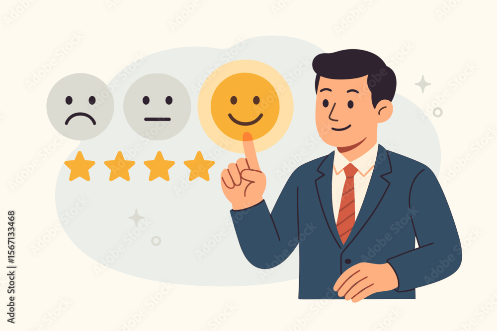Customer satisfaction and service quality concept. Businessman giving a five-star rating for an excellent experience. User presses the happy smiley face icon for positive feedback. Customer satisfaction and service quality concept. Businessman giving a five-star rating for an excellent experience. User presses the happy smiley face icon for positive feedback.