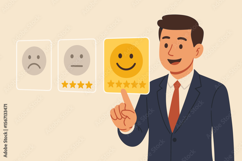 Customer satisfaction concept. Businessman hand touching virtual screen, choosing happy smiley face icon to give a 5-star rating. Excellent service review and positive feedback. Customer satisfaction concept. Businessman hand touching virtual screen, choosing happy smiley face icon to give a 5-star rating. Excellent service review and positive feedback.