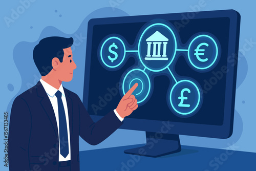 Forex currency exchange and global finance concept. Businessman touching a virtual screen with central bank, dollar, euro, pound icons. Digital banking, investment and fintech tech.