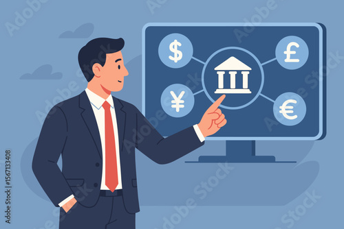 Businessman analyzing central banking and international currency on a virtual screen. Concept of forex trading, global finance, investment, and money exchange with major currencies.