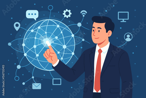 Businessman touching global network, managing data exchange and digital communication. Technology for internet business, social media, IoT. Global connection and marketing concept.