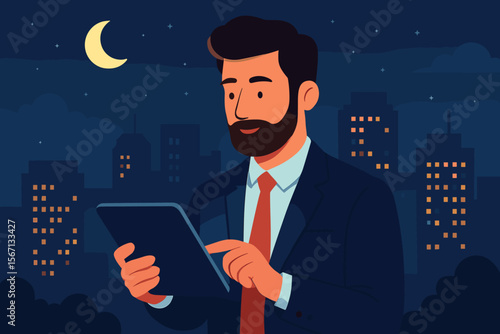 Businessman working late on a tablet in the city at night. Professional entrepreneur or manager checking data online. Modern flat vector cartoon illustration of a dedicated workaholic concept.