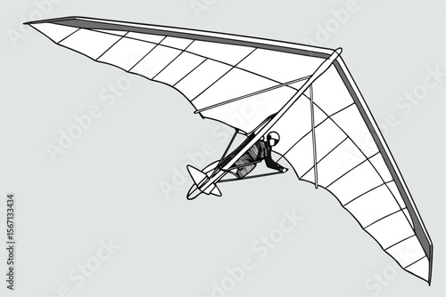 Hang Glider Soaring Through the Sky Depicted in Detailed Black and White Illustration Emphasizing Aviation and Freedom