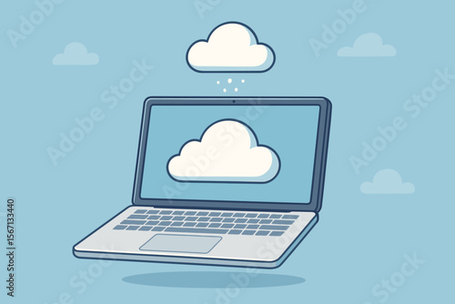 Cloud computing concept with laptop and data transfer. Modern flat vector cartoon illustration of cloud storage service, online database, information network, and synchronization.