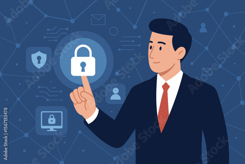 Cybersecurity and internet network security system concept. Businessman touching a padlock icon on a digital interface. Data protection, privacy, and information safety from digital crime.