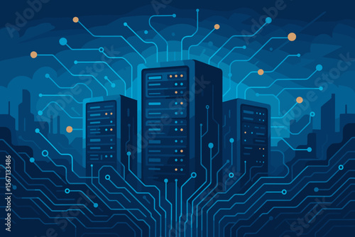 Data center server racks with futuristic circuit board networking. Digital information connection for cloud computing and internet hosting technology. Abstract big data storage background.