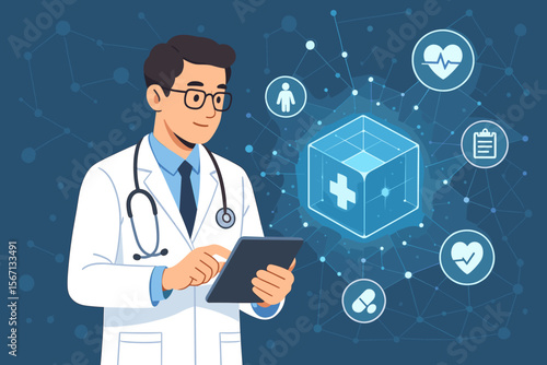Doctor using tablet managing digital healthcare and patient data on a futuristic hologram interface. Medical technology concept with network connection icons. Telemedicine and innovation.