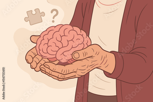 Elderly Woman Holding Brain Symbolizing Alzheimer’s Disease, Dementia, Amnesia, Memory Loss, Cognitive Decline, Senior Mental Health, Aging Mind Concept, Flat Vector Illustration
