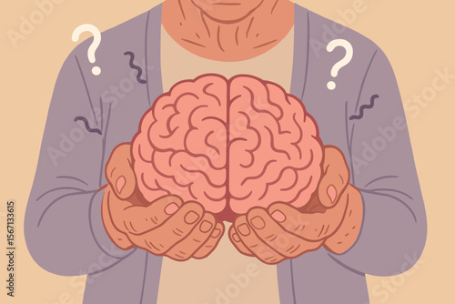 Elderly woman holding human brain symbolizing Alzheimer’s disease, dementia, memory loss, cognitive decline, mental health, amnesia, aging mind, senior neurology, confusion concept illustration