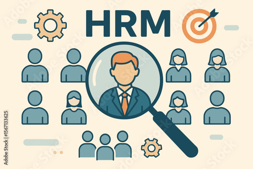 Human Resource Management, HRM concept. Magnifier glass focusing on manager for recruitment, leadership, and personnel selection. Talent acquisition and headhunting for a team.