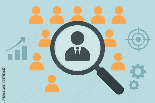 Human Resource Management, HRM concept. Magnifying glass focuses on a manager icon among employees. Recruitment, talent acquisition, leadership search, hiring, and headhunting for growth.
