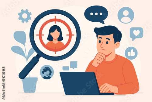 Know Your Customer KYC Concept Target Audience Identification Business Marketing Strategy Customer Research Social Media Engagement Digital Customer Service Analysis Magnifying Glass Laptop