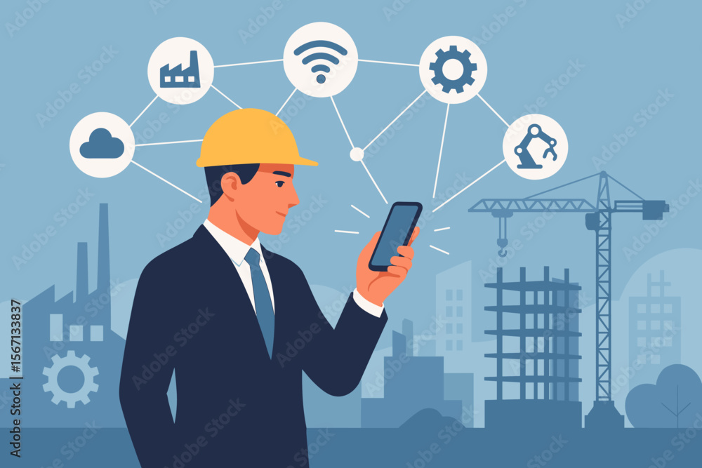 Engineer manager using smartphone for construction site management. Industry 4.0 concept with network icons for automation, IoT, smart factory, and industrial processes control. Engineer manager using smartphone for construction site management. Industry 4.0 concept with network icons for automation, IoT, smart factory, and industrial processes control.