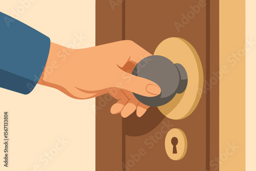 Female hand gripping round door knob. Opening or closing door. Security, privacy, access concept. Modern flat vector illustration. Home entrance, safety, lock, keyhole, interior design element.