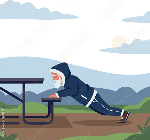 Elderly man doing incline push ups using park bench outdoor exercise routine 