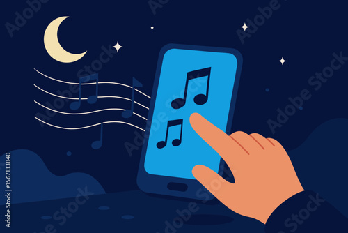 Hand using smartphone to stream music at night. Flat vector illustration of listening to songs on a mobile app. Concept for relaxation, entertainment, lullaby with notes and moon.