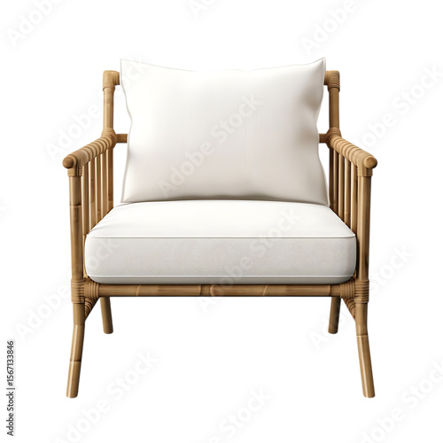 Comfortable natural bamboo armchair with white cushions isolated on transparent background