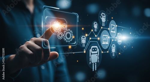 RPA (Robotic Process Automation) concept. Hand touches a gear icon on a holographic interface, activating an automated workflow with bots for business efficiency.