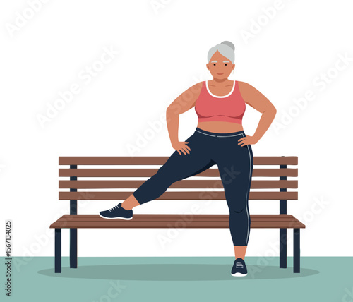 Middle aged woman exercising stretching leg on park bench with sport clothes vector illustration 