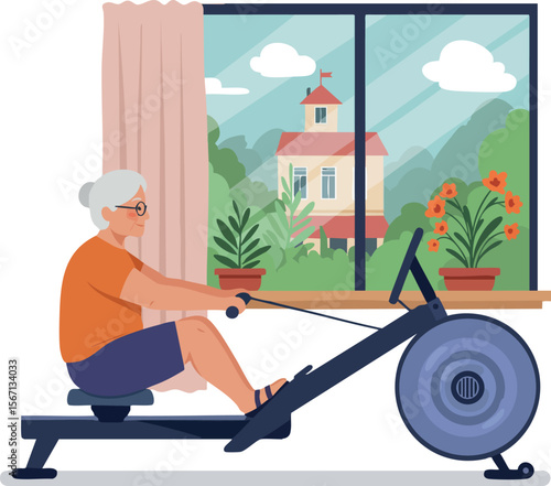 Senior woman exercising on rowing machine indoors with scenic window view vector 