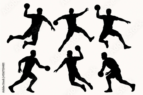 Handball Player Silhouette Vector Set – Dynamic Sports Action Figures on White Background
