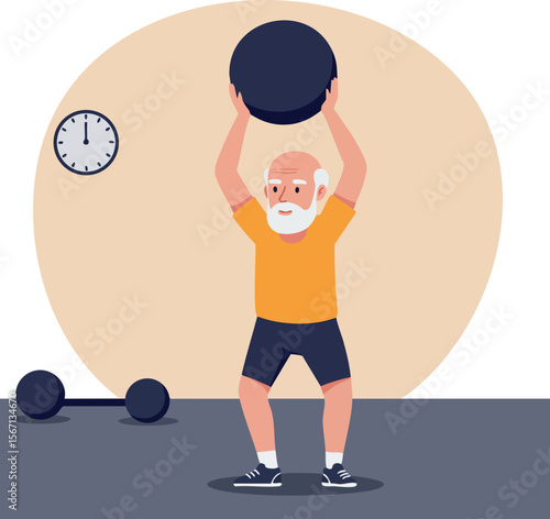 Elderly man exercising with medicine ball in gym fitness workout routine 