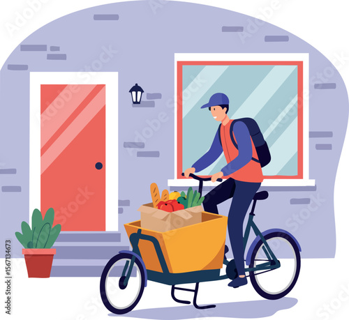 Delivery person riding cargo bike with food groceries in front of house vector illustration 