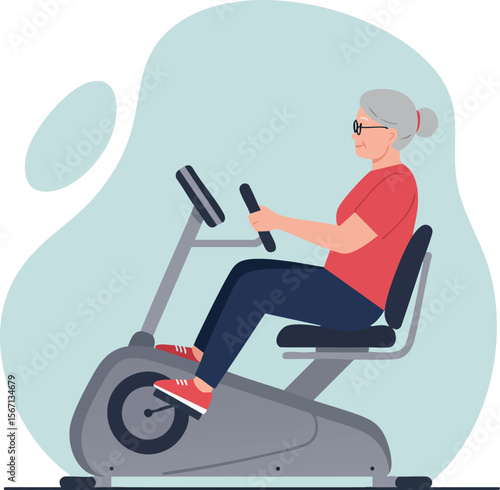 Senior woman exercising on stationary bike in red shirt and navy pants vector illustration 