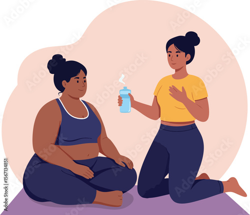 Two women exercising and hydrating on yoga mat in fitness session vector illustration 