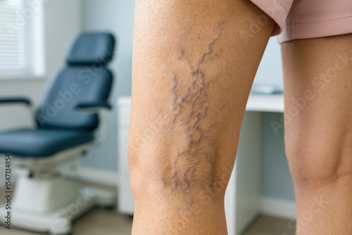 A woman's leg with varicose veins is shown in a doctor's office. Concept of: Medical examination.