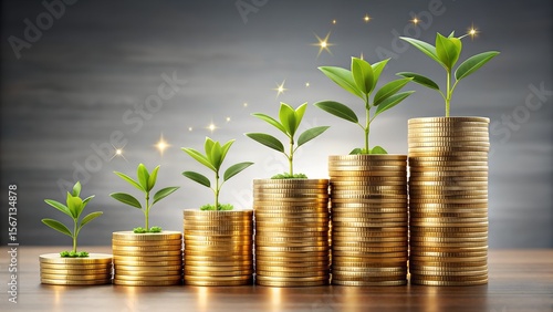 Photo of stacks of golden coins with growing plants symbolizing financial growth and investment