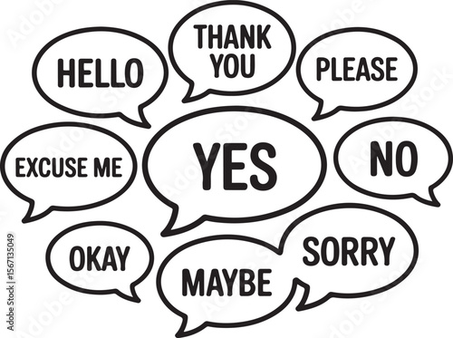 Bold Black Speech Bubbles:  Hello, Yes, No, Please, Thank You, Sorry, Okay, Maybe, Excuse Me.