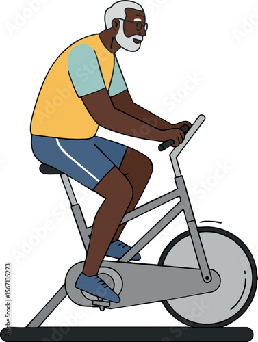 Elderly man exercising on stationary bike indoor fitness activity vector illustration 