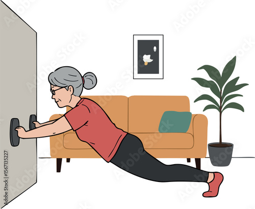 Elderly woman doing wall push up exercise in living room with sofa and plant 