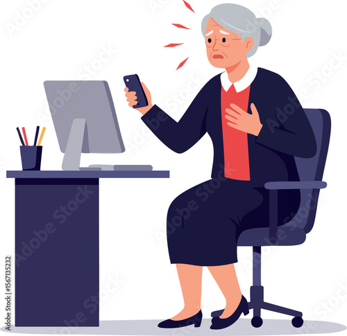 Elderly Woman Experiencing Heart Pain While Using Phone at Office Desk Vector Illustration 