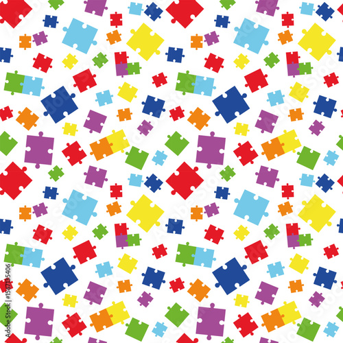 Seamless pattern with colorful puzzle pieces. Educational background for kids, autism awareness, teamwork or logic games. Jigsaw texture for playful, inclusive or learning design projects.