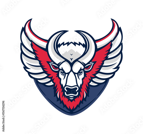 A powerful buffalo mascot emblem with bold wings, suitable for sports team branding, badges, and spirited logo designs in various marketing materials.