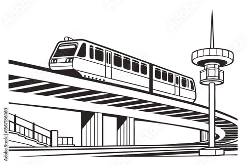 Monochrome Illustration of Elevated Train, Concrete Structure, and Tower Depicting Urban Transportation and Modern Architecture Elements