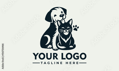 Happy dog and cat logo design, playful pets cuddling, monochrome illustration.