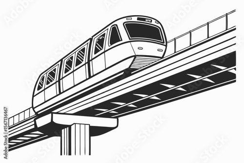 Monochrome Illustration of a Modern Elevated Train Ascending on a Track, Supported by Pillars with Safety Railings