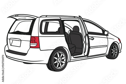 Illustration of a White Minivan with Open Doors and Hatchback Offering a Glimpse of Interior Seating and Tire Design