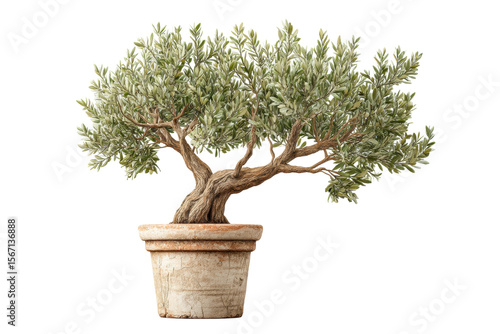 PNG Potted olive tree with textured trunk and lush green foliage