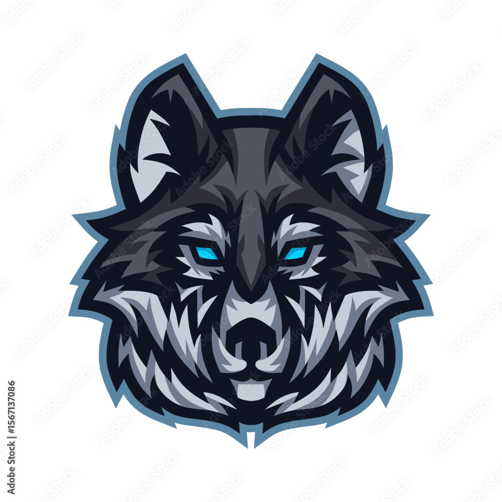 Obraz premium Detailed wolf head graphic design makes a great mascot for a sports team or brand logo, showcasing a sleek and modern animal depiction.