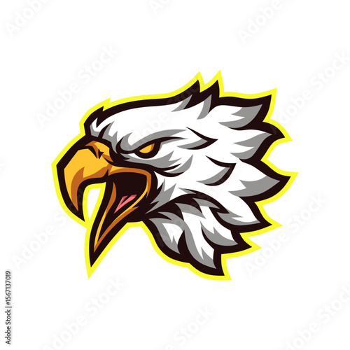 Bold bald eagle head design with glowing yellow outline, a powerful emblem suitable for sports teams or branding with its aggressive expression.