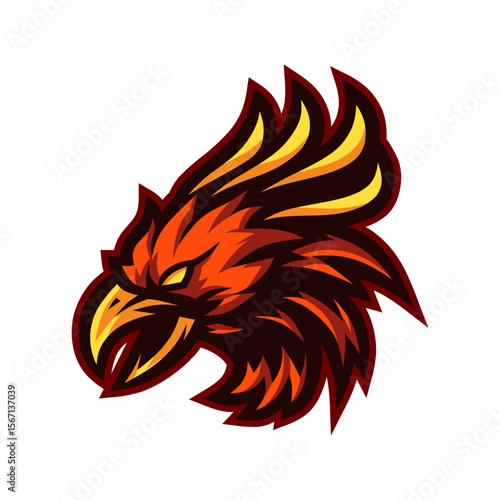 Bold phoenix bird graphic with fiery design, a powerful mascot or emblem ideal for sport teams, gaming, and mythical creative projects.