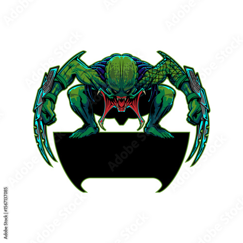 An aggressive green alien hunter prowls, a dynamic graphic suitable for gaming logos, esports team emblems, or sci-fi themed designs.
