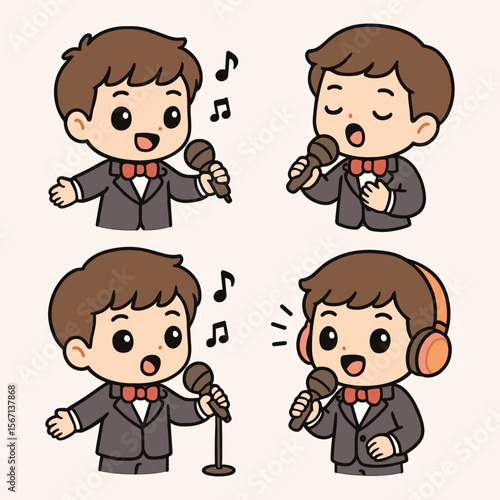 Cute Singer Boy Vector – Cartoon Character Singing with Microphone and Headphones